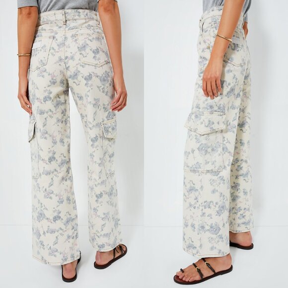 Ganni NEW Tofu Print Denim Angie Ivory Floral Wide Leg Cargo Denim Pant Size 30 - Picture 3 of 10